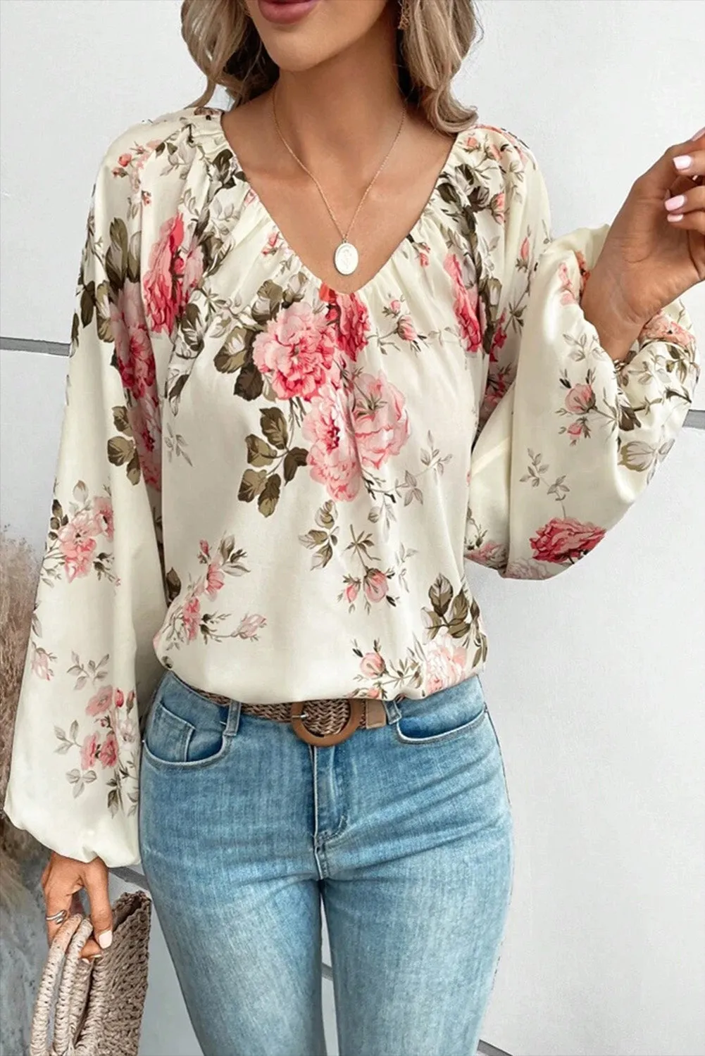 Beige Floral Print Lantern Sleeve Blouse