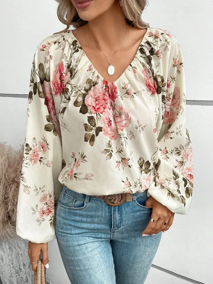 Beige Floral Print Lantern Sleeve Blouse