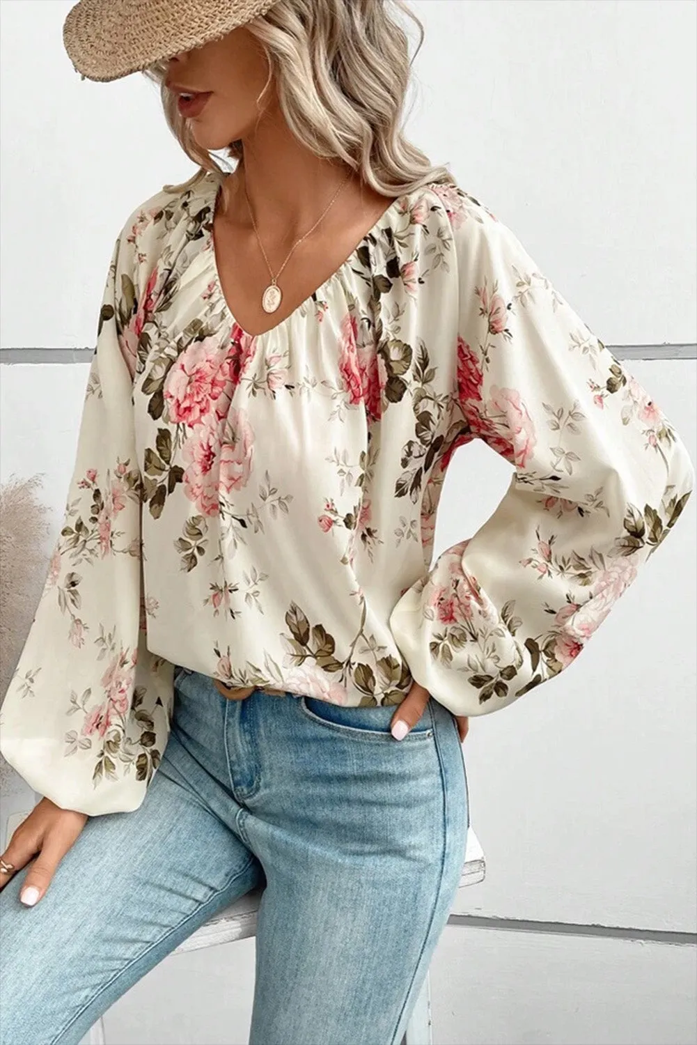 Beige Floral Print Lantern Sleeve Blouse