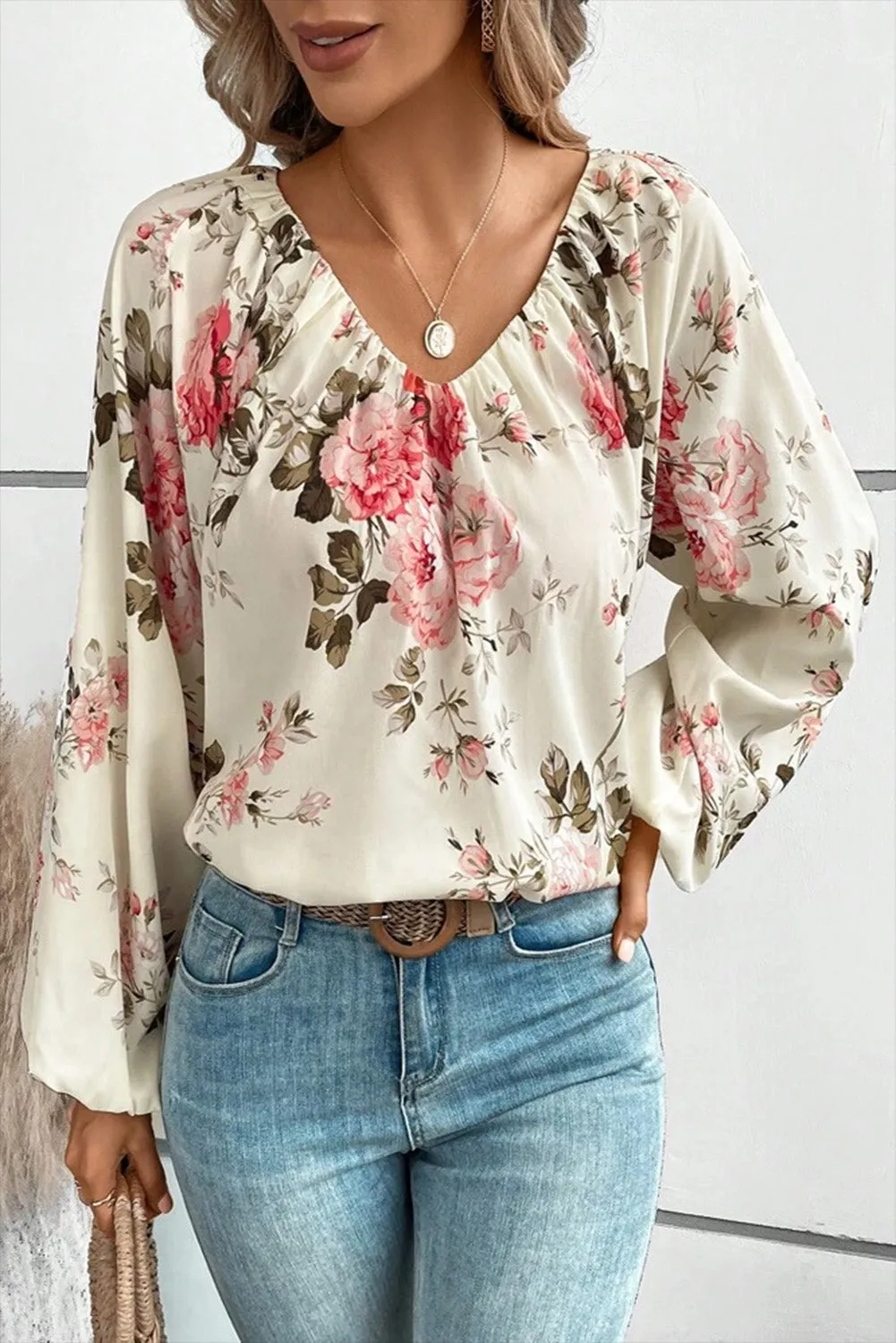 Beige Floral Print Lantern Sleeve Blouse