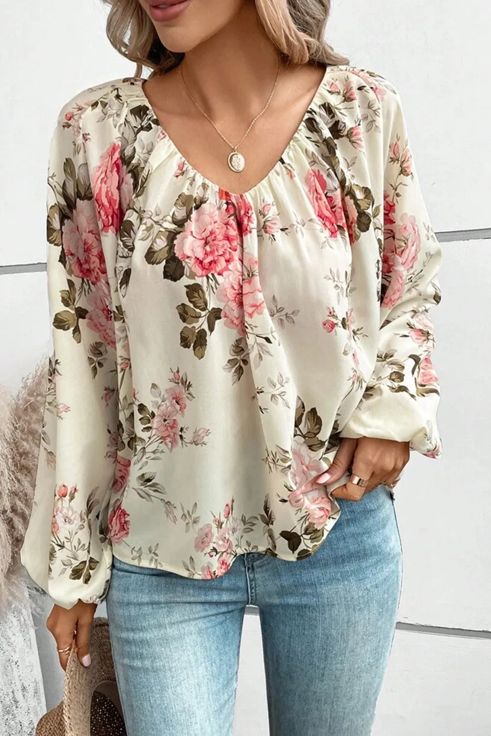 Beige Floral Print Lantern Sleeve Blouse