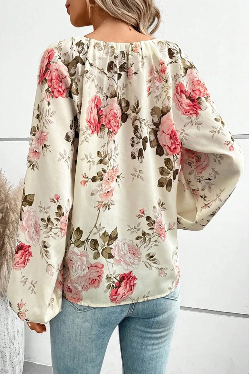 Beige Floral Print Lantern Sleeve Blouse