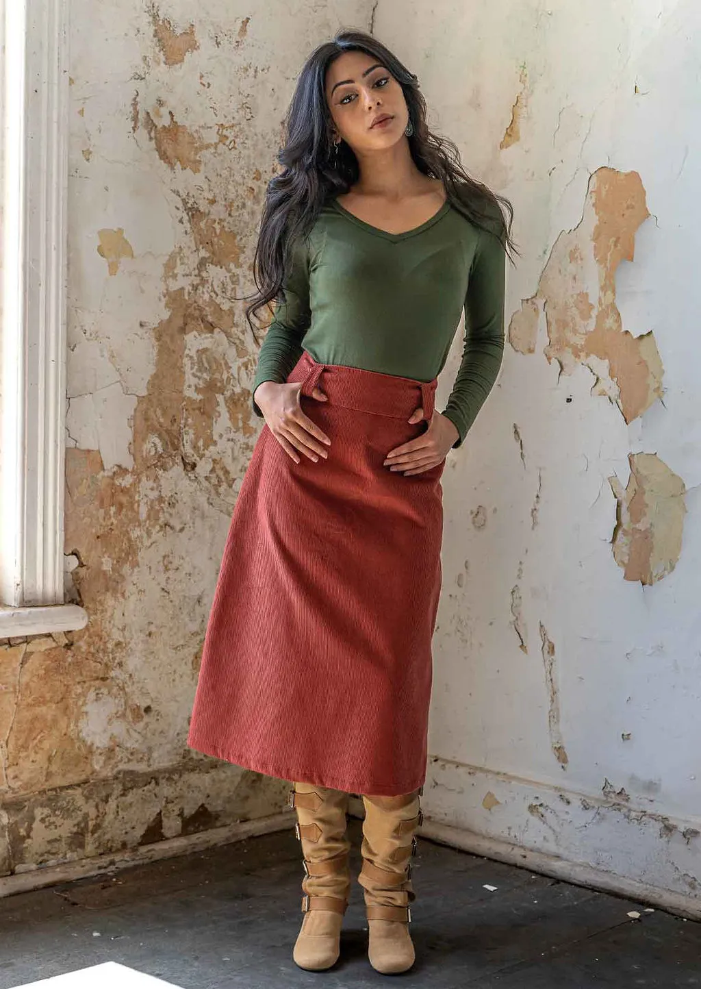 Belt Loop Corduroy Skirt Burnt Henna