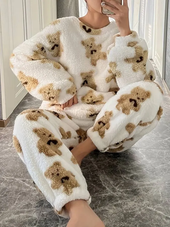Bianca - Lässiges und bequemes Winter-Loungewear-Set mit weißem Bärendruck für Damen