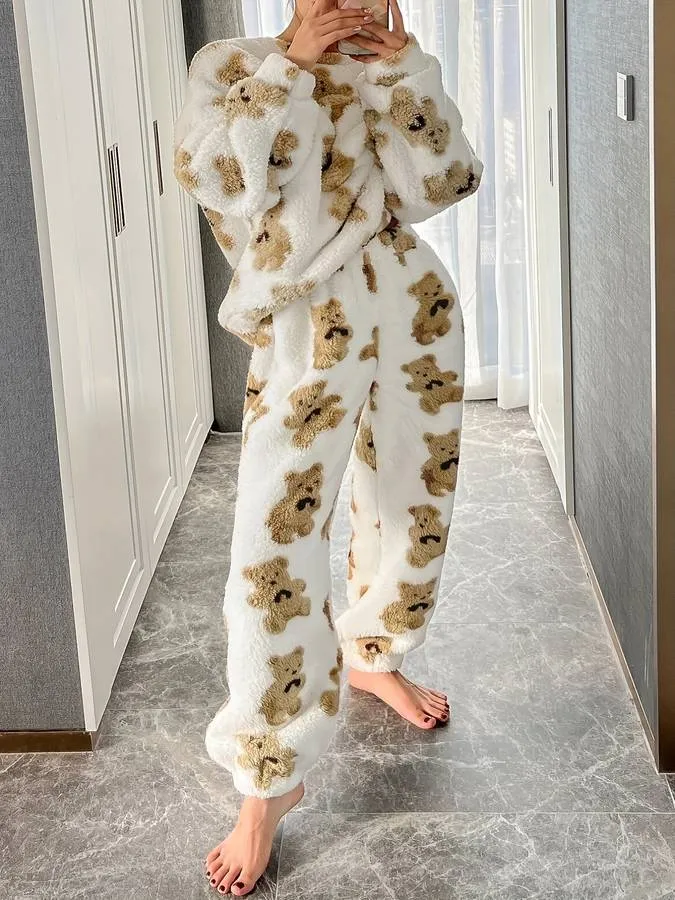 Bianca - Lässiges und bequemes Winter-Loungewear-Set mit weißem Bärendruck für Damen