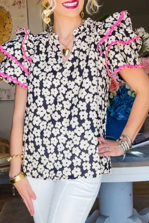 Black Floral Contrast Ric Rac Layered Ruffle Sleeve Blouse