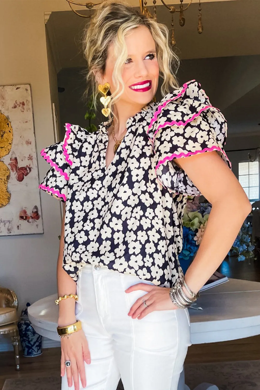 Black Floral Contrast Ric Rac Layered Ruffle Sleeve Blouse