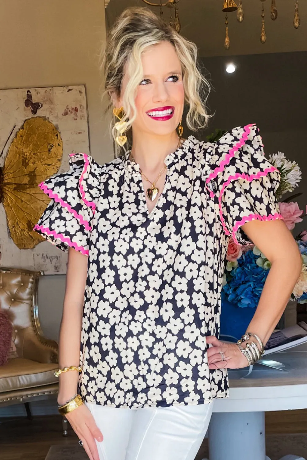 Black Floral Contrast Ric Rac Layered Ruffle Sleeve Blouse
