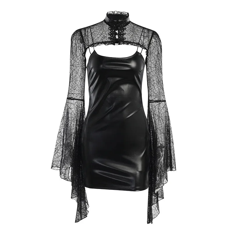 Black Floral Lace Steampunk Jacket with Flare Sleeves – Gothic Vintage Style