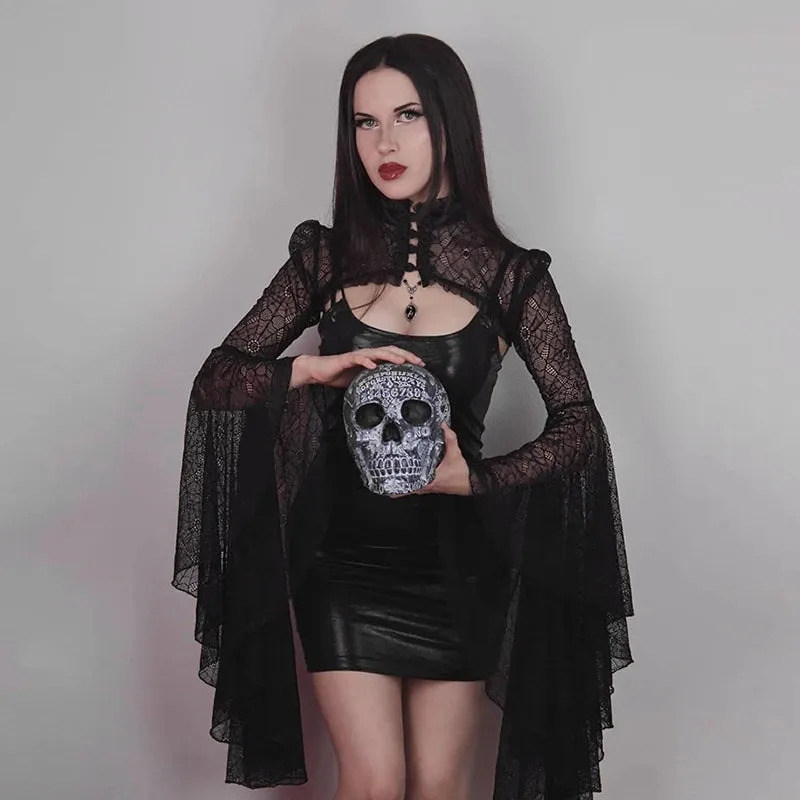 Black Floral Lace Steampunk Jacket with Flare Sleeves – Gothic Vintage Style