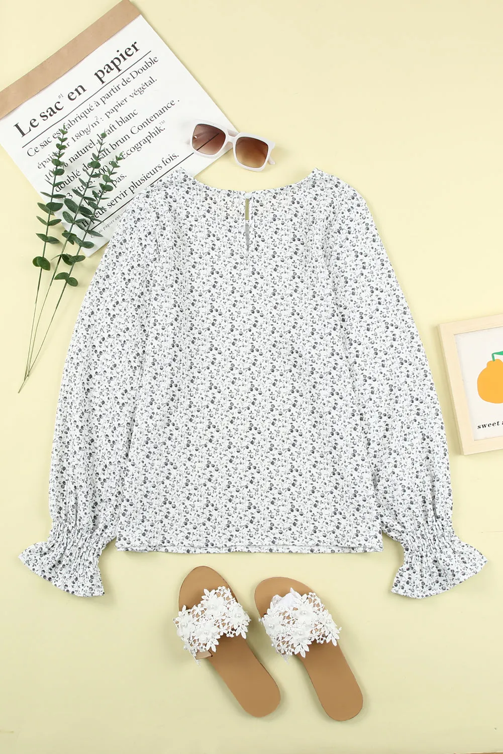Black Ruffled Bubble Sleeve Floral Printed Blouse