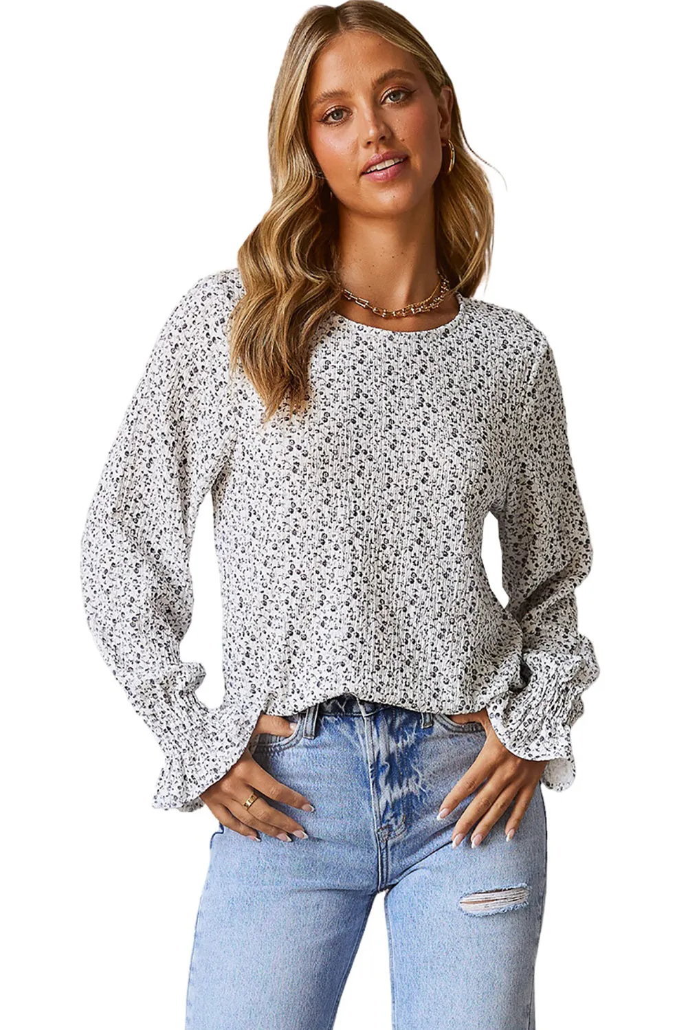 Black Ruffled Bubble Sleeve Floral Printed Blouse