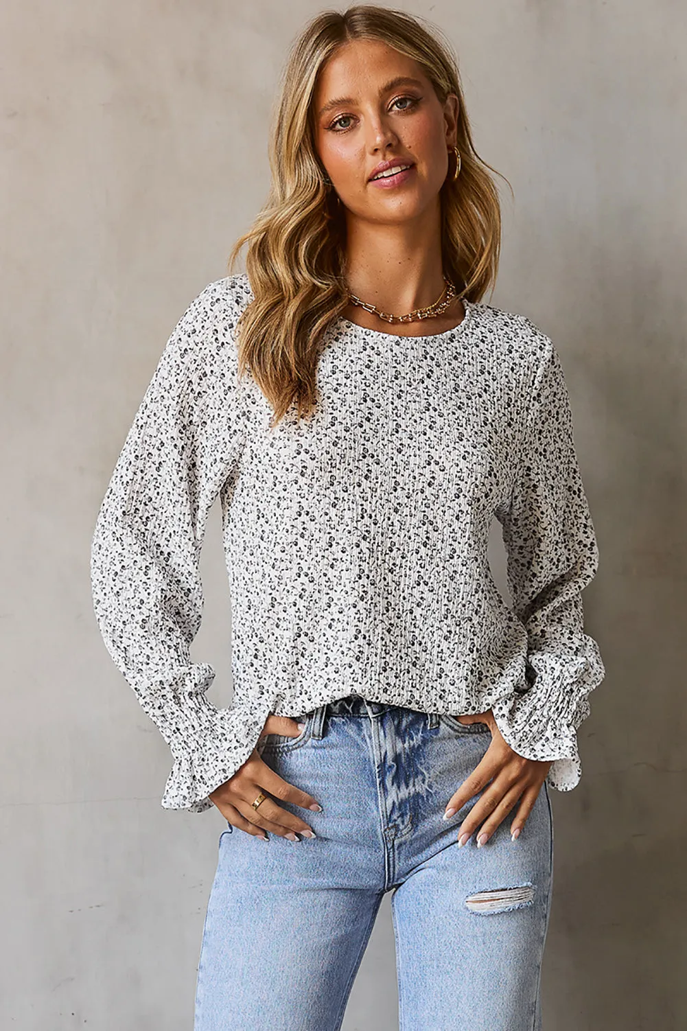 Black Ruffled Bubble Sleeve Floral Printed Blouse