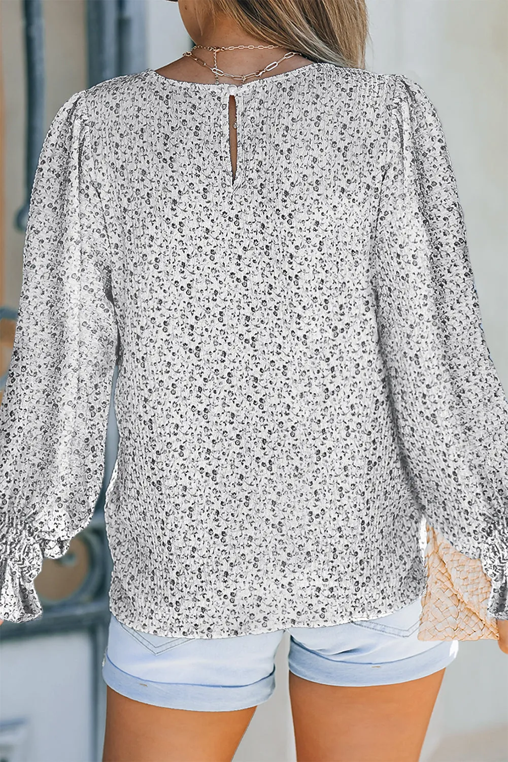 Black Ruffled Bubble Sleeve Floral Printed Blouse