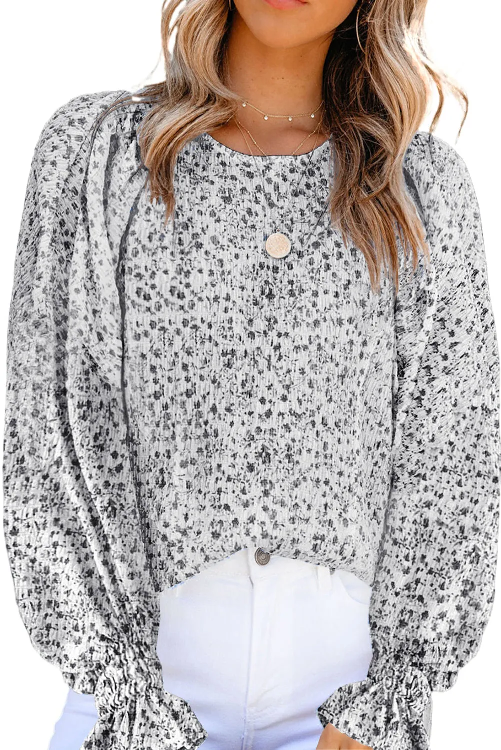 Black Ruffled Bubble Sleeve Floral Printed Blouse
