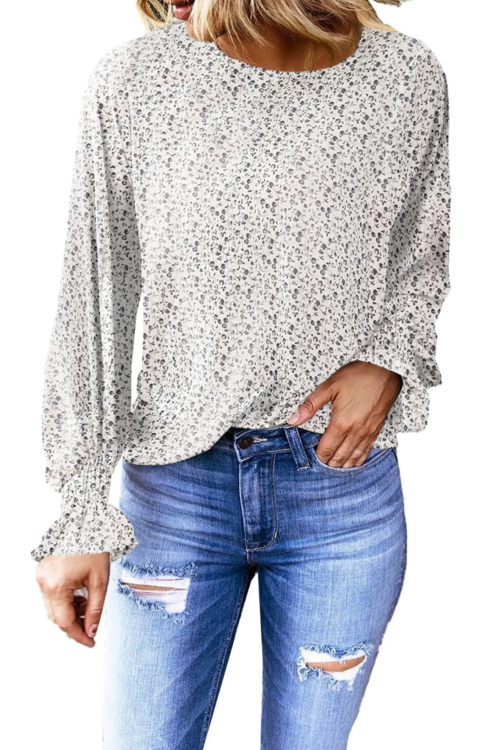 Black Ruffled Bubble Sleeve Floral Printed Blouse