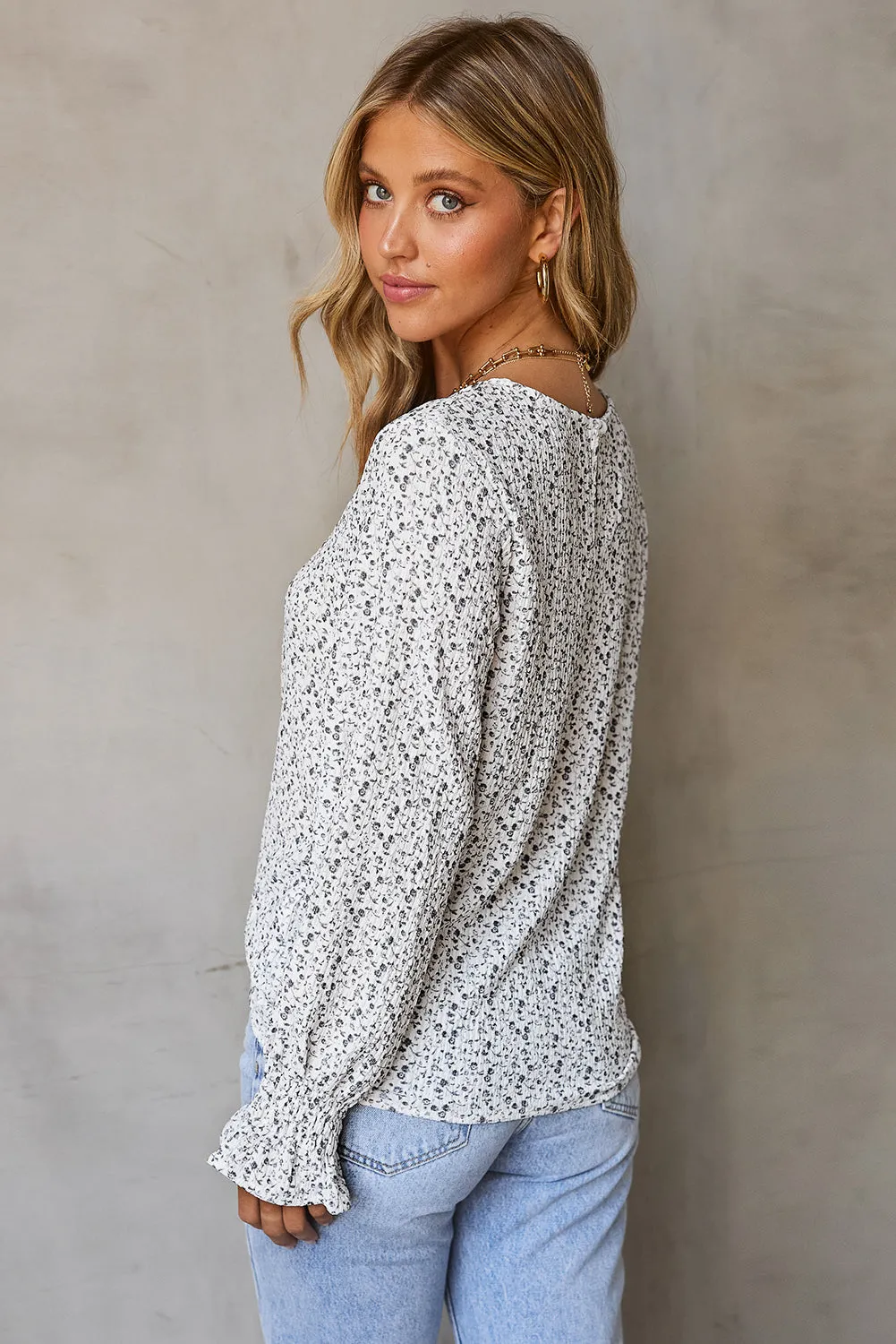 Black Ruffled Bubble Sleeve Floral Printed Blouse