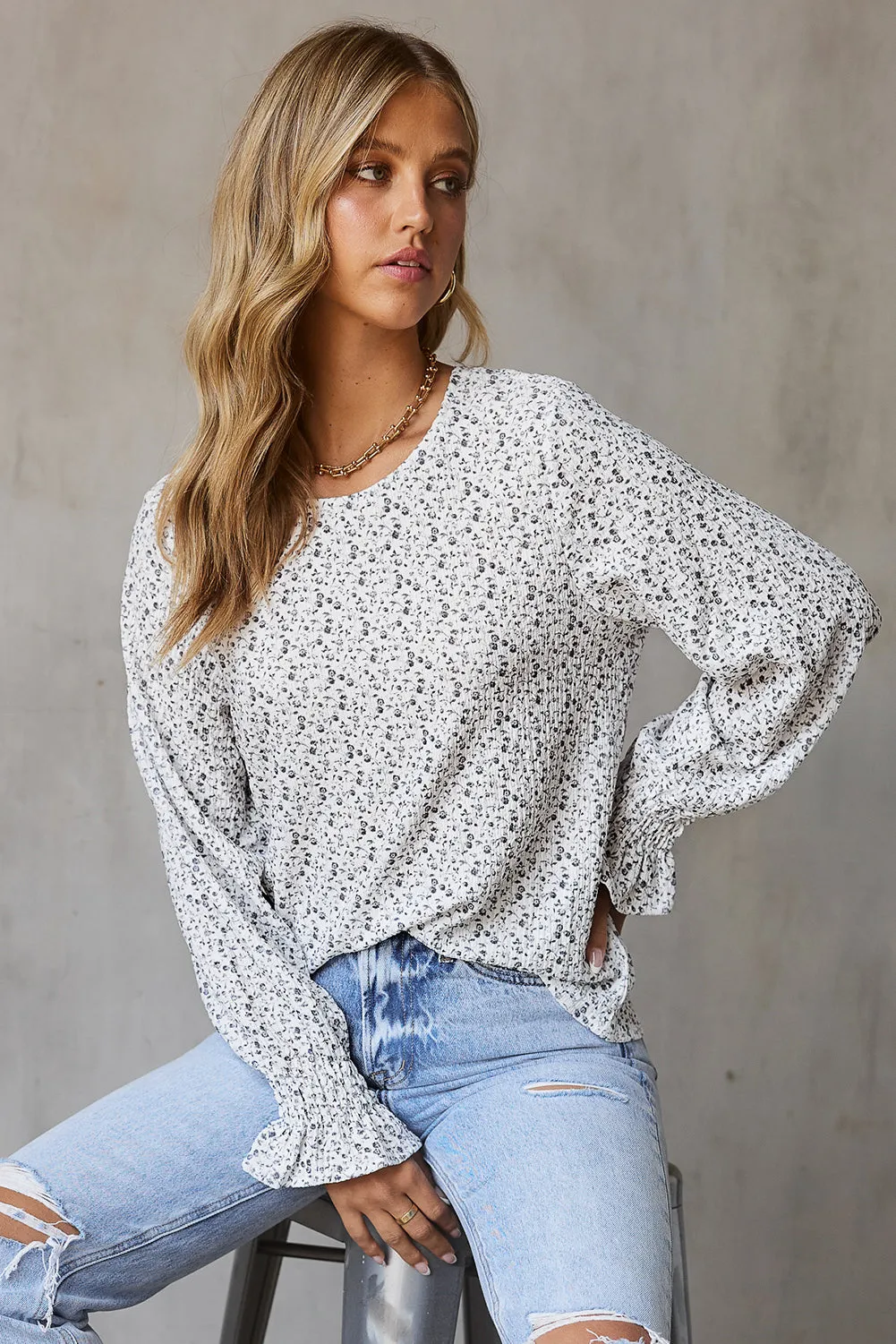 Black Ruffled Bubble Sleeve Floral Printed Blouse