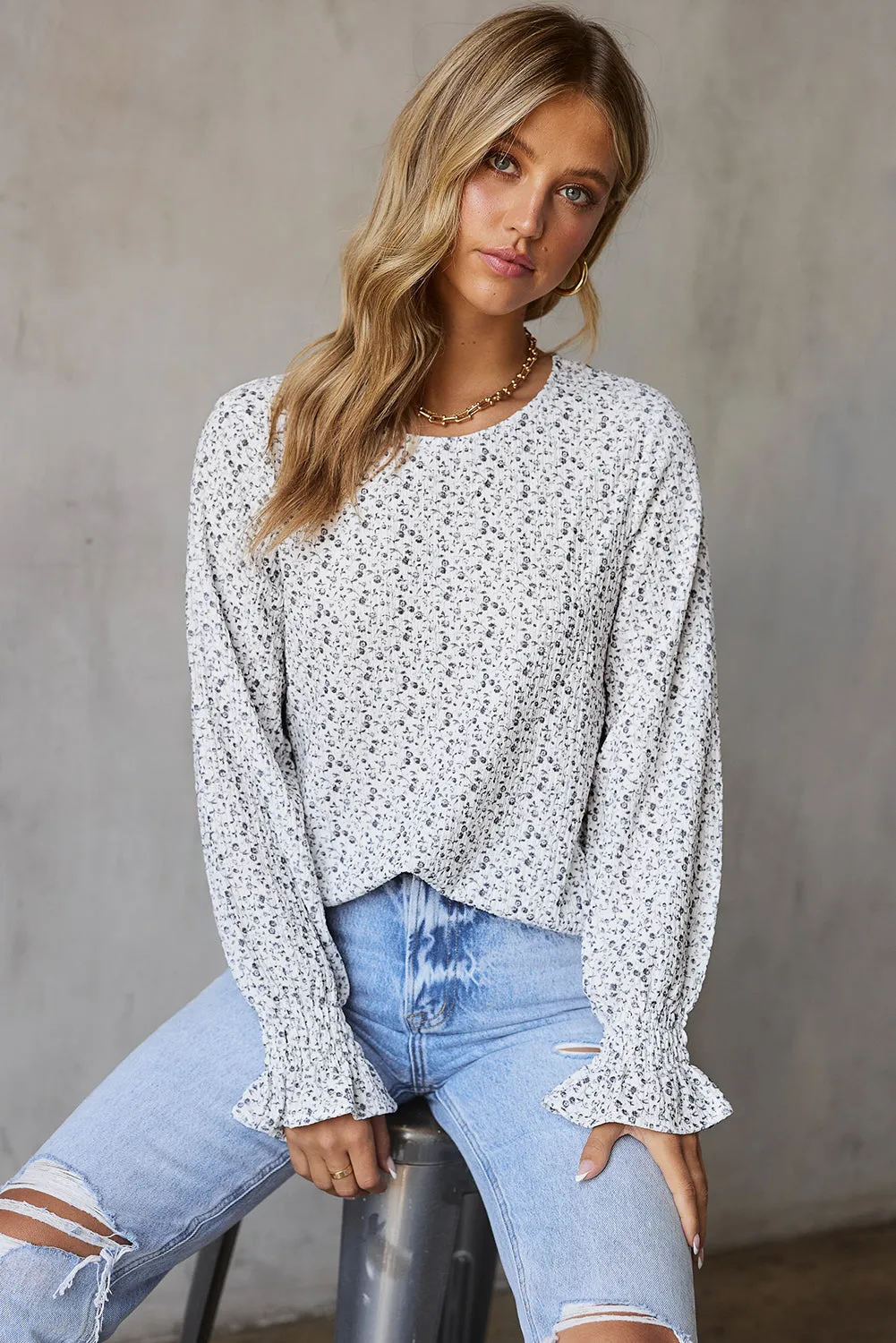 Black Ruffled Bubble Sleeve Floral Printed Blouse