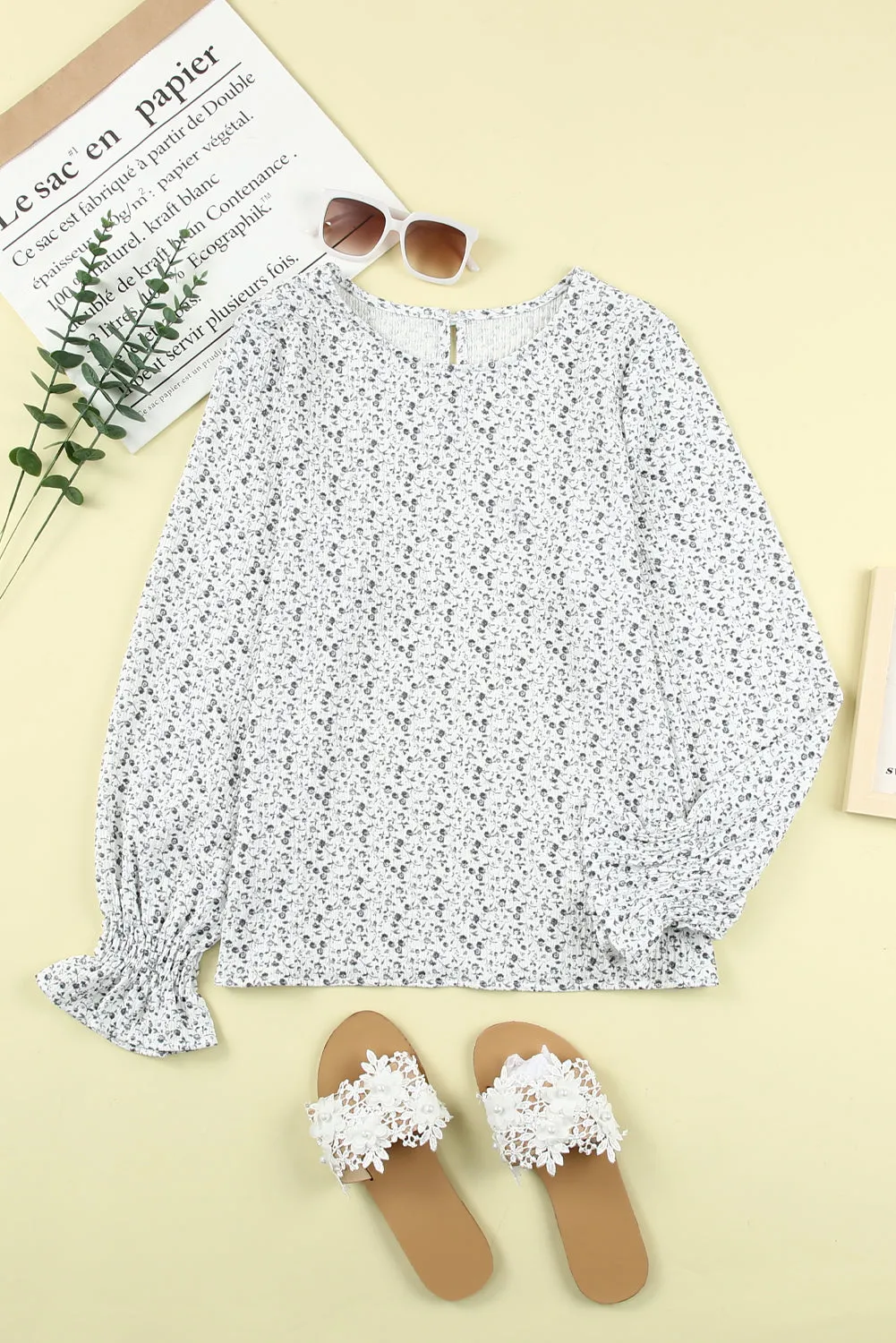 Black Ruffled Bubble Sleeve Floral Printed Blouse