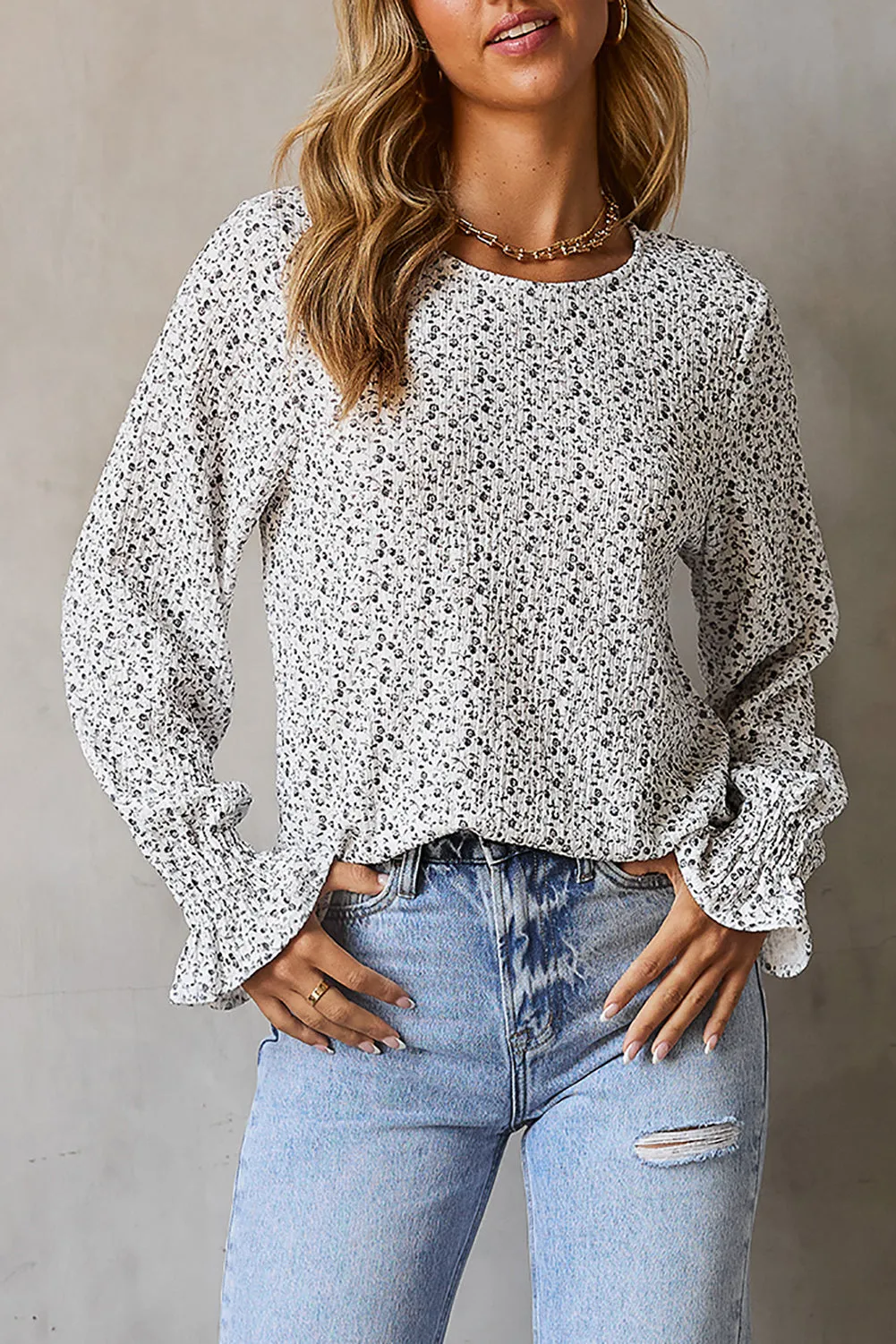 Black Ruffled Bubble Sleeve Floral Printed Blouse