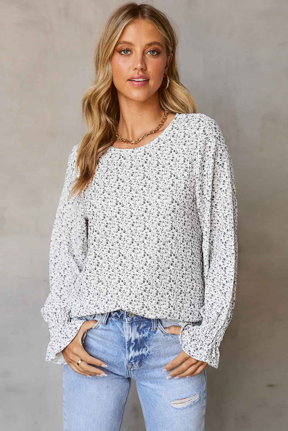 Black Ruffled Bubble Sleeve Floral Printed Blouse