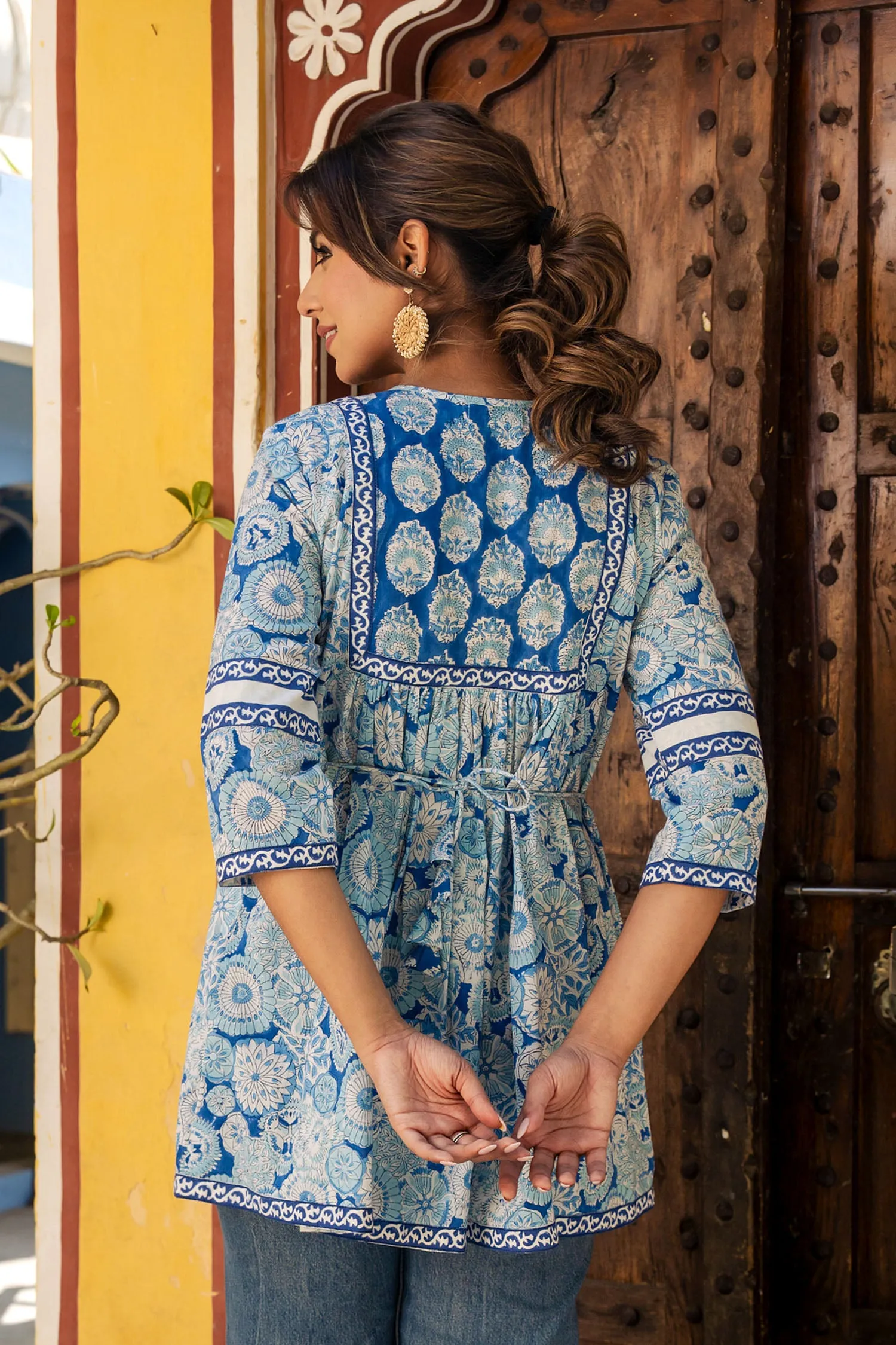 Blue Floral Flare Short Kurta