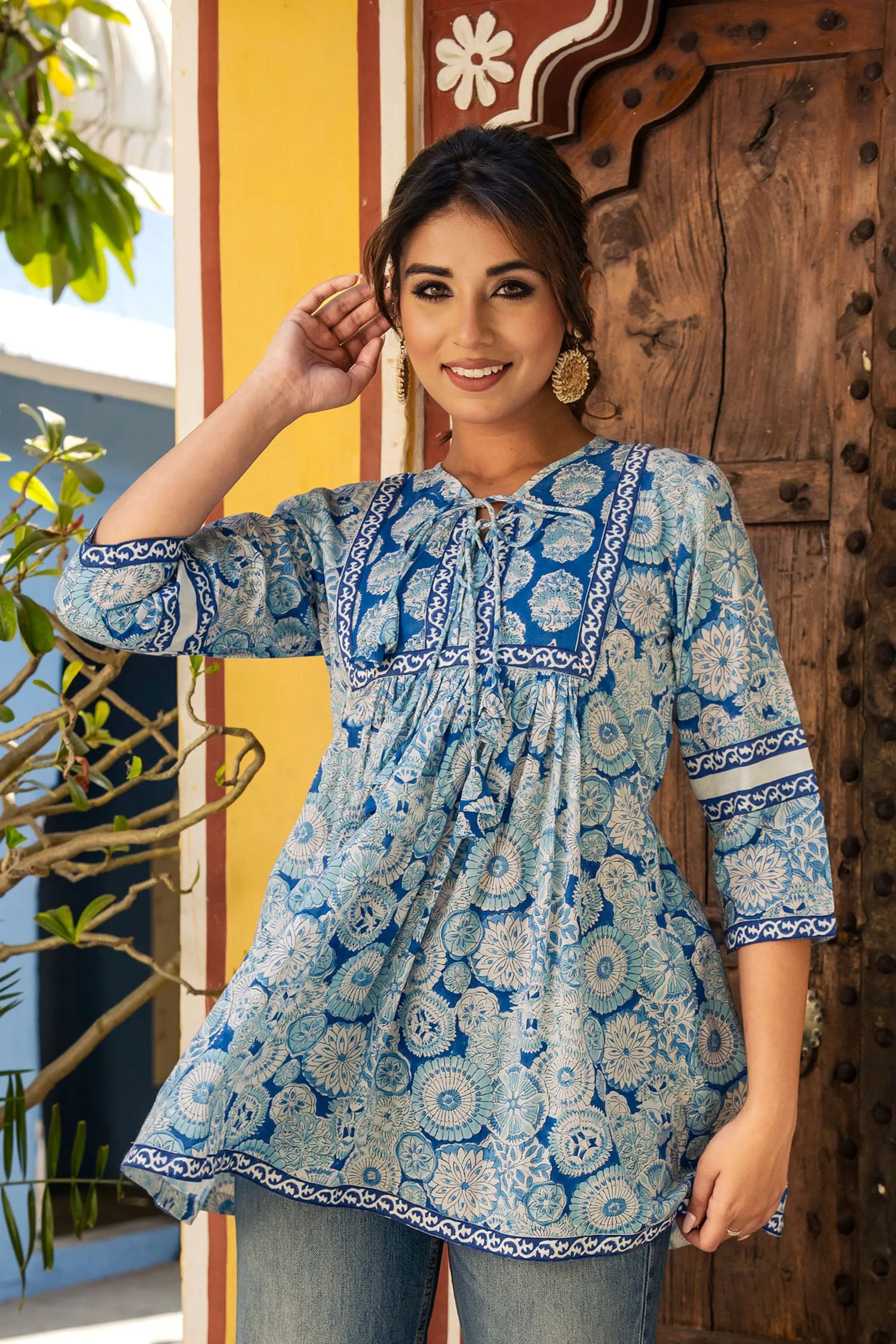 Blue Floral Flare Short Kurta