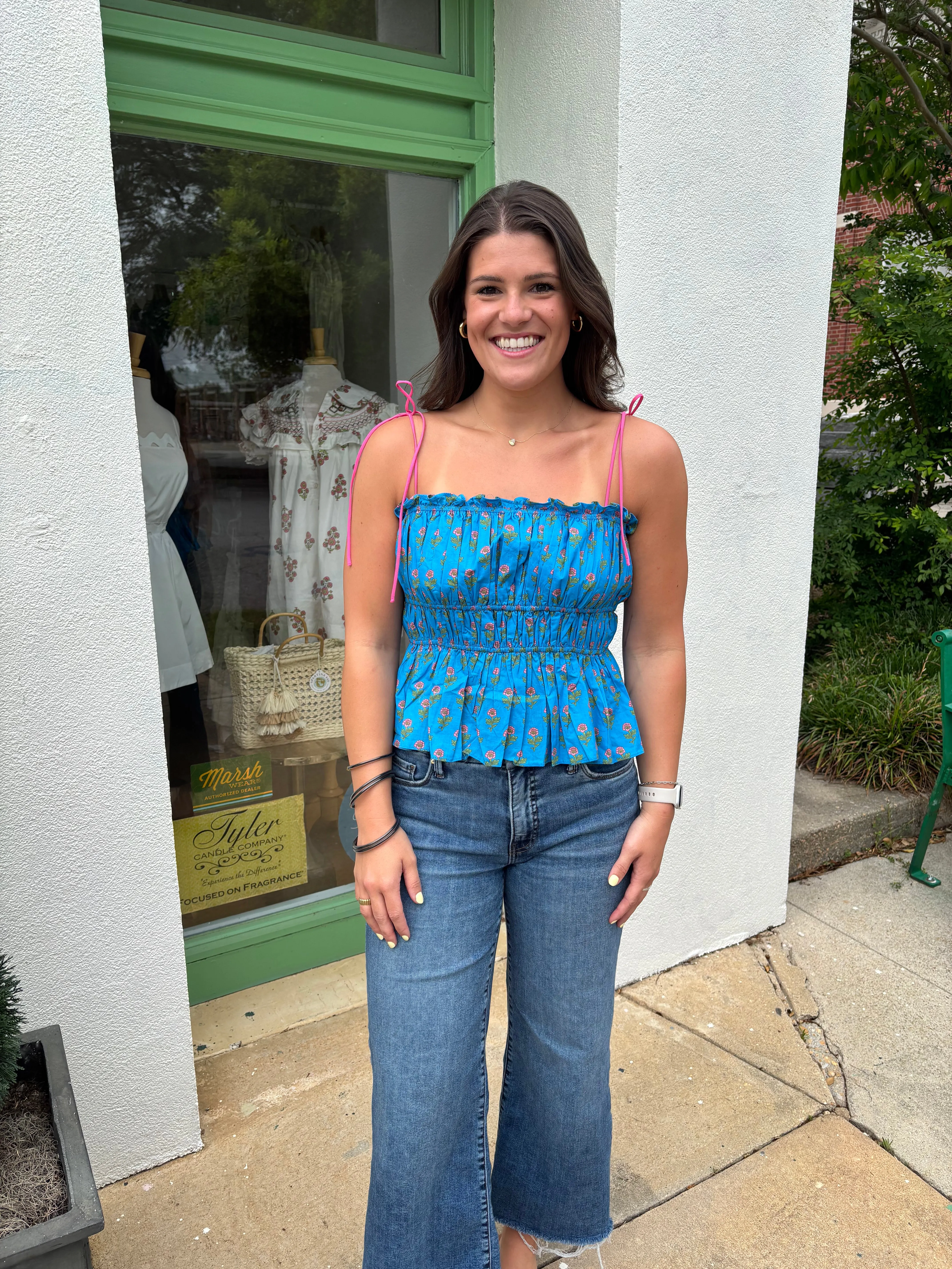Blue Floral Tie Strap Top