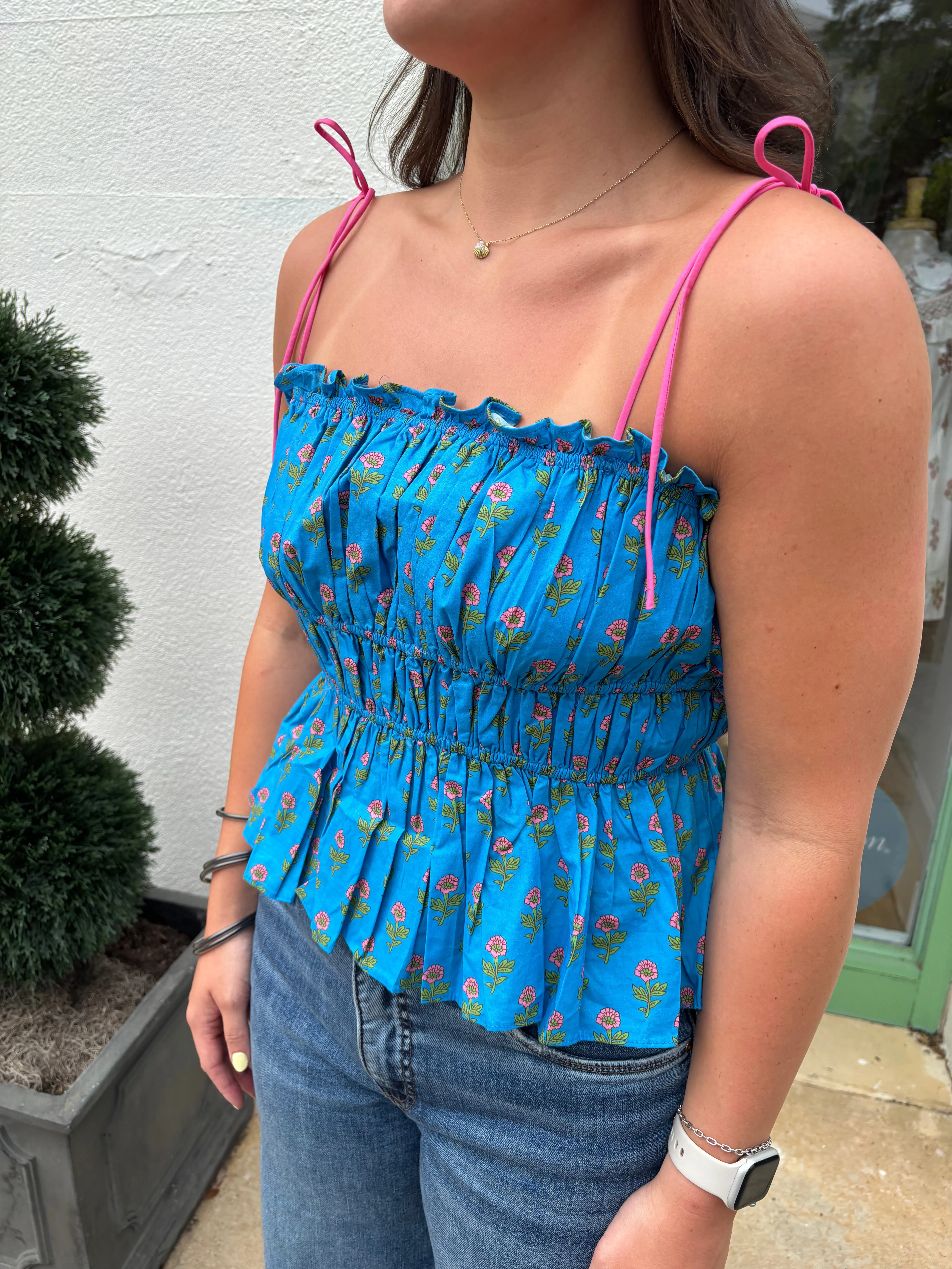 Blue Floral Tie Strap Top