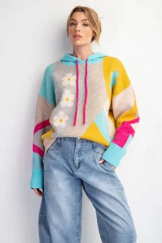 Blue Mustard Pattern Knit Floral Stripe Hooded Sweater