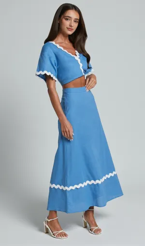 Blythe Two Piece Set - Short Sleeve with Wave Hem A Line Skirt Set in Blue