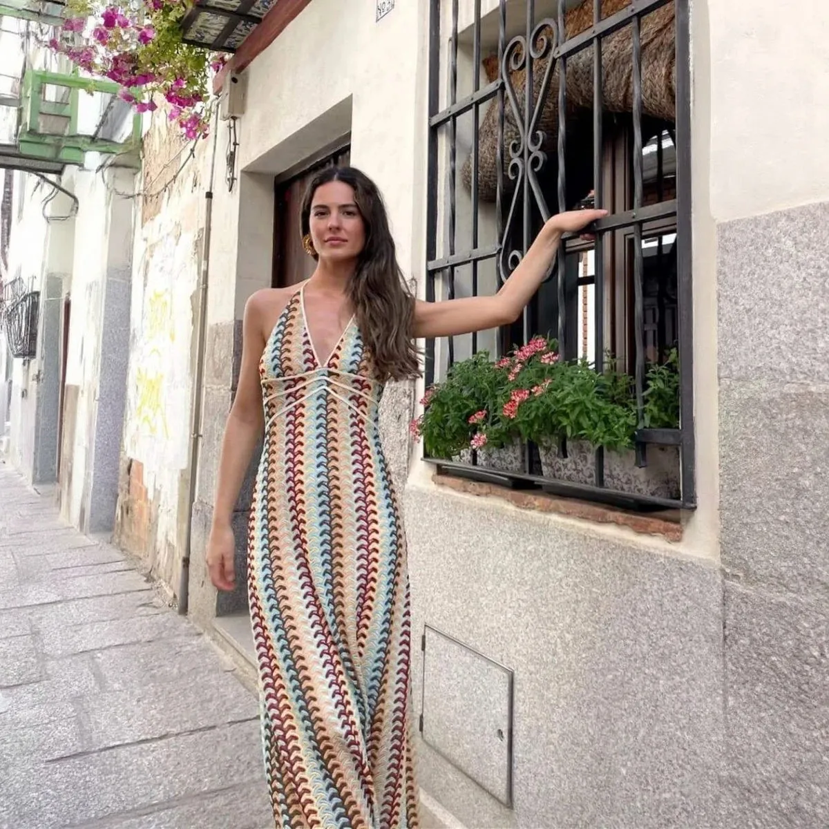Bohemian Knit Halter Floor-Length Dress