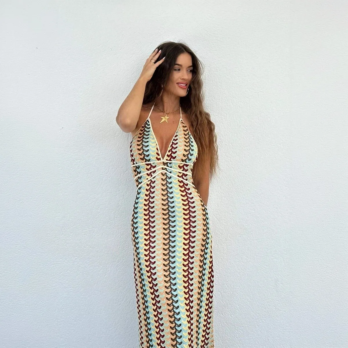 Bohemian Knit Halter Floor-Length Dress