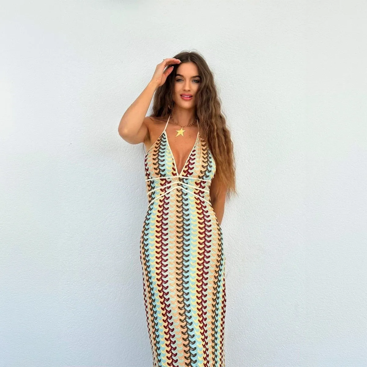 Bohemian Knit Halter Floor-Length Dress