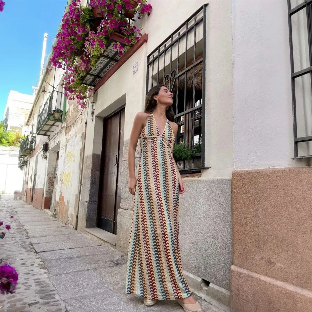 Bohemian Knit Halter Floor-Length Dress