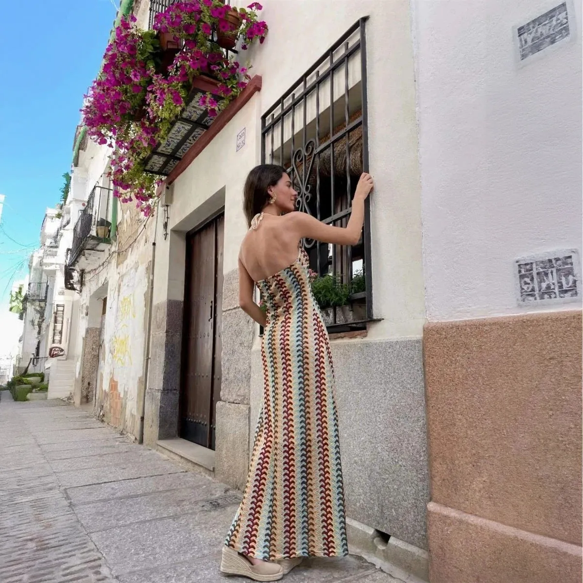Bohemian Knit Halter Floor-Length Dress