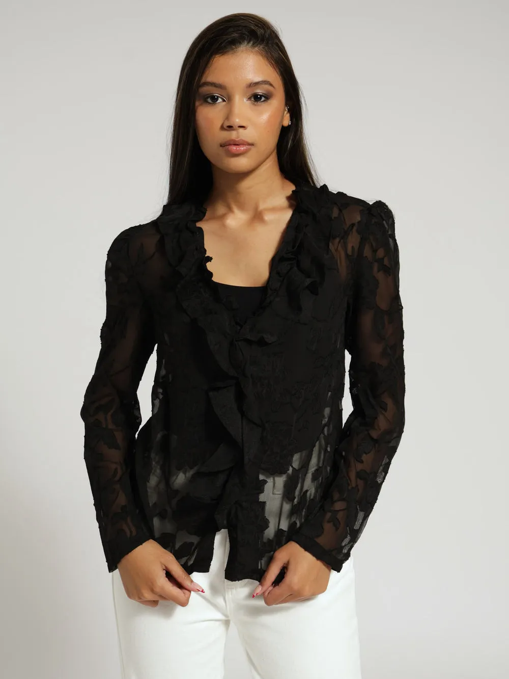 Burnout Floral Frill Shirt - Black