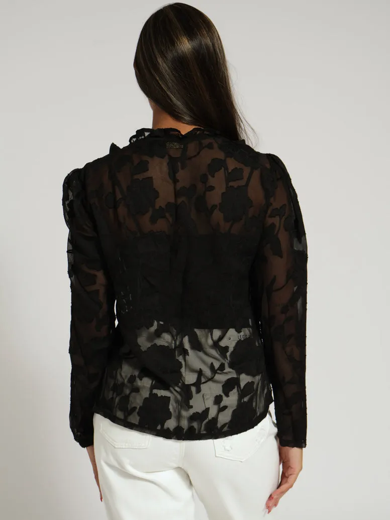 Burnout Floral Frill Shirt - Black