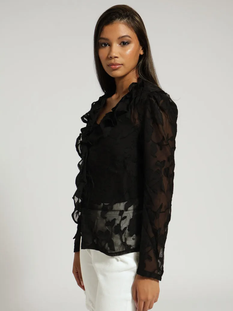 Burnout Floral Frill Shirt - Black