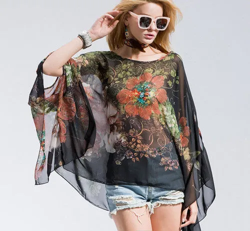 Casual Fashion Floral Women Ladies Batwing Sleeve Loose Chiffon Floral Printed Blouse Tops