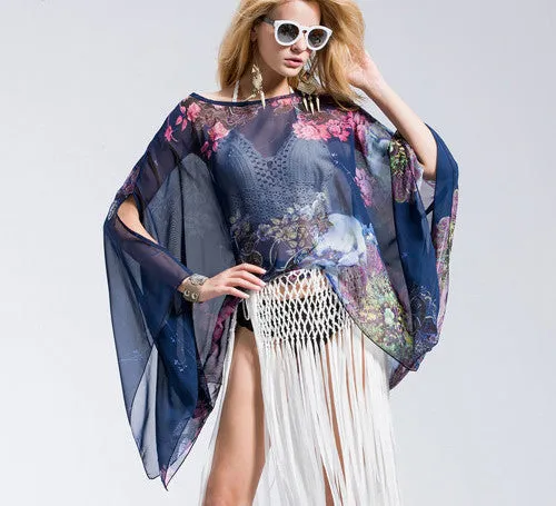 Casual Fashion Floral Women Ladies Batwing Sleeve Loose Chiffon Floral Printed Blouse Tops