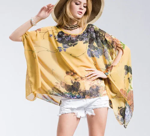 Casual Fashion Floral Women Ladies Batwing Sleeve Loose Chiffon Floral Printed Blouse Tops