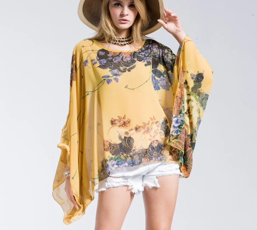 Casual Fashion Floral Women Ladies Batwing Sleeve Loose Chiffon Floral Printed Blouse Tops
