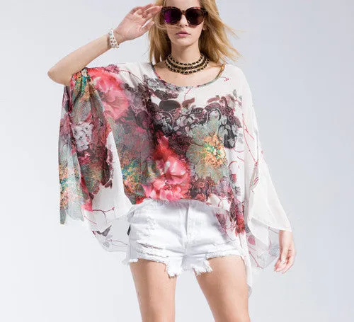 Casual Fashion Floral Women Ladies Batwing Sleeve Loose Chiffon Floral Printed Blouse Tops