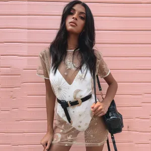 Chic Bling Sequins Star Moon Print Mini Dress O-Neck Perspective Loose Dresses Summer Fashion Sun Protection Vestidos For Lady