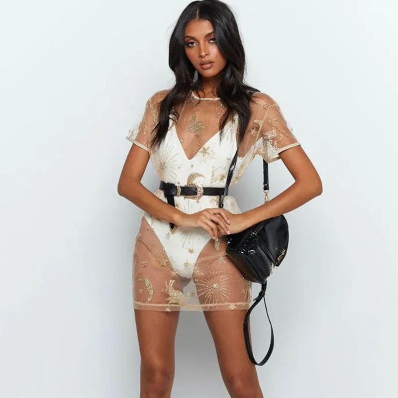 Chic Bling Sequins Star Moon Print Mini Dress O-Neck Perspective Loose Dresses Summer Fashion Sun Protection Vestidos For Lady