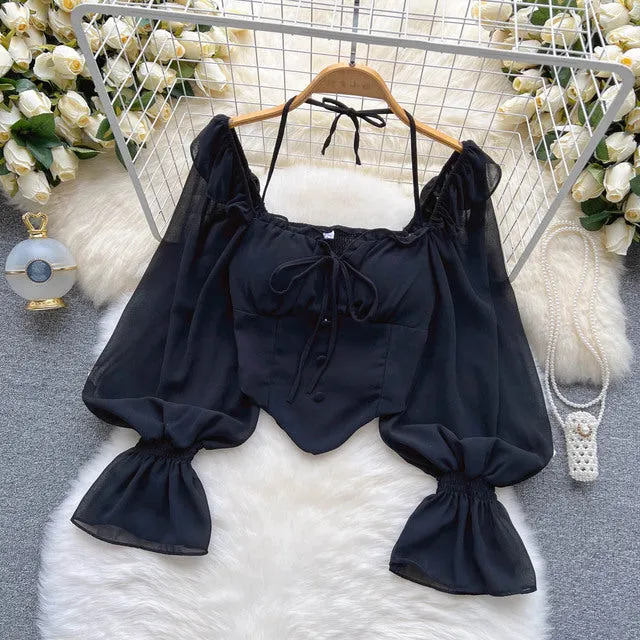 Chiffon Flare Sleeve Women Tops Ruffle Solid Elastic Waist
