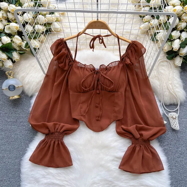 Chiffon Flare Sleeve Women Tops Ruffle Solid Elastic Waist