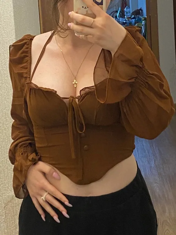 Chiffon Flare Sleeve Women Tops Ruffle Solid Elastic Waist